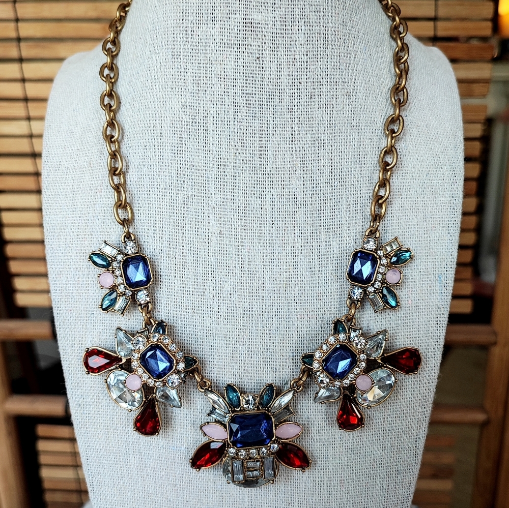 LOFT Domed Multi Shape Stones Rhinestone Statement Necklace Antiqued Brass EUC